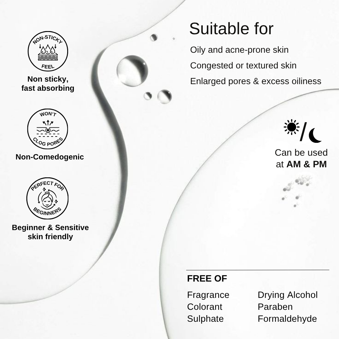 The Formularx 2% BHA Salicylic acid exfoliating toner with 2% Niacinamide. Non-sticky, non-comedogenic, beginner and sensitive skin friendly