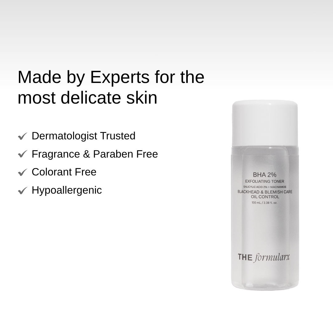 The Formularx 2% BHA Salicylic acid exfoliating toner with 2% Niacinamide made by scientists and trusted by dermatologists for sensitive skin