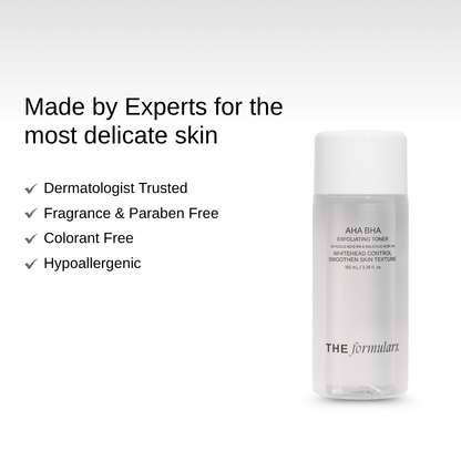 The Formularx AHA BHA 5% Glycolic acid and 2% Salicylic acid exfoliating toner made by scientists and trusted by dermatologists for sensitive skin