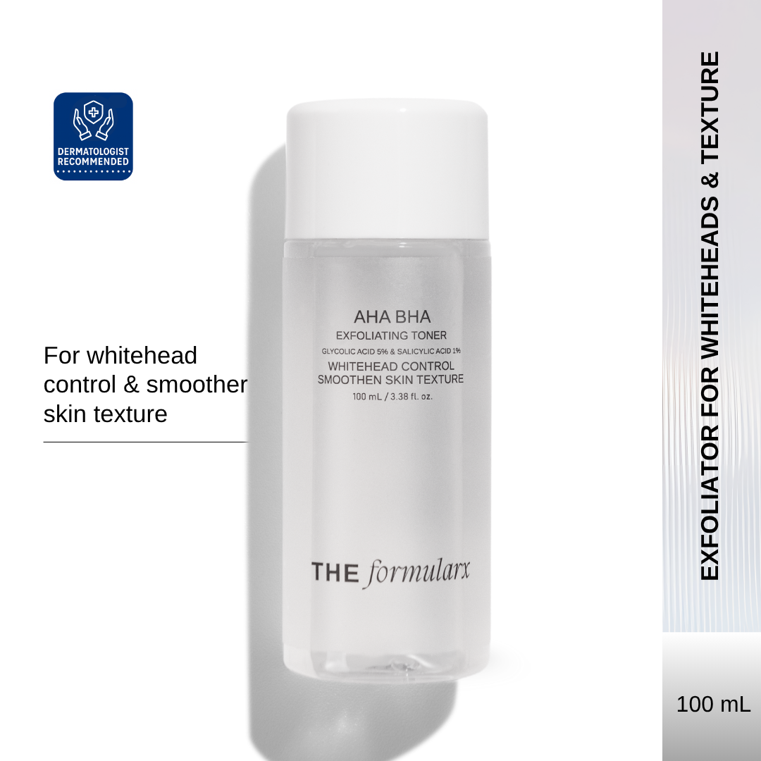 The Formularx AHA BHA Glycolic acid and 2% Salicylic acid exfoliating toner to control whiteheads and smoothen skin texture