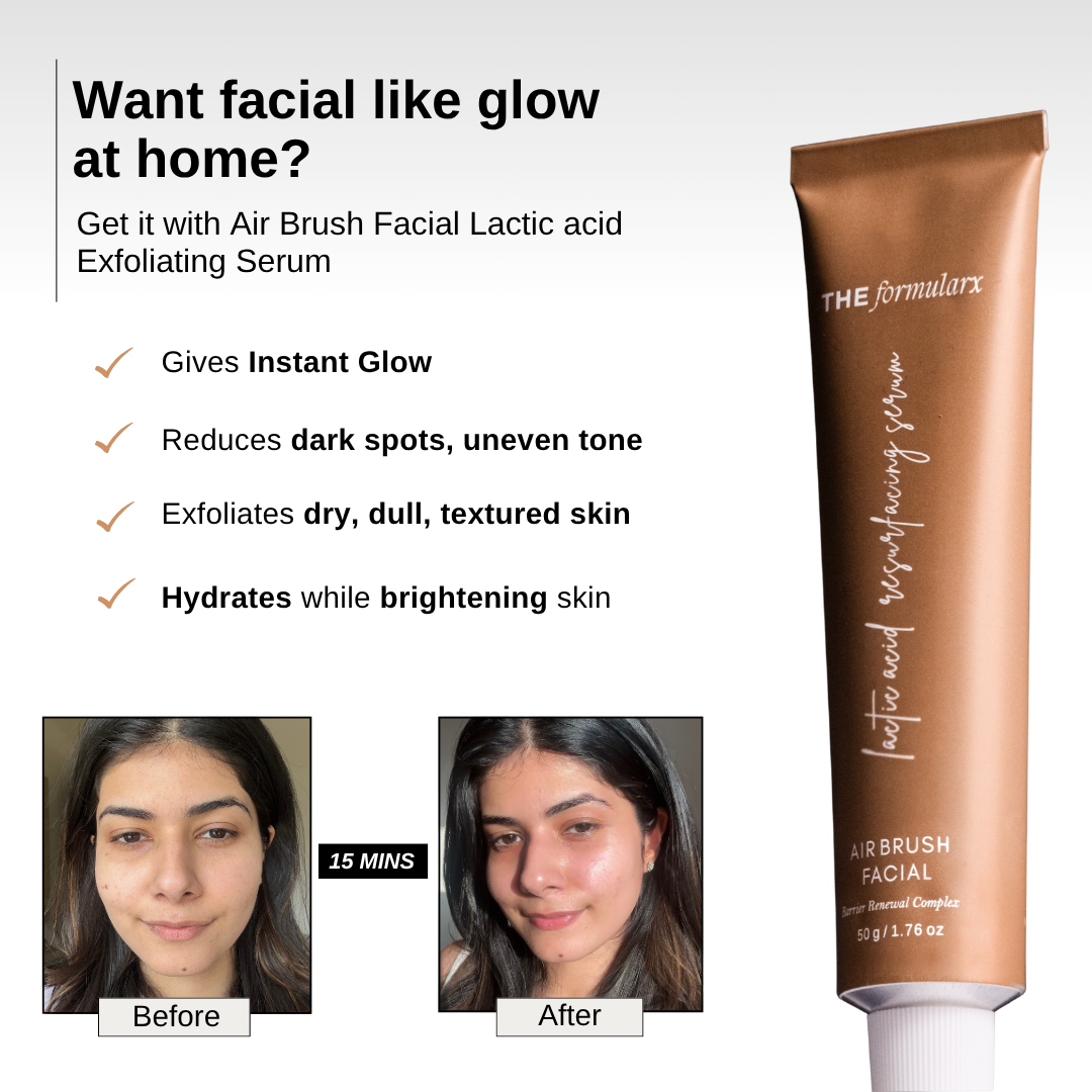The Formularx Air Brush Facial Lactic acid Exfoliating Serum reduces dark spots, gives glow, gently exfoliate, hydrate, & brighten skin 