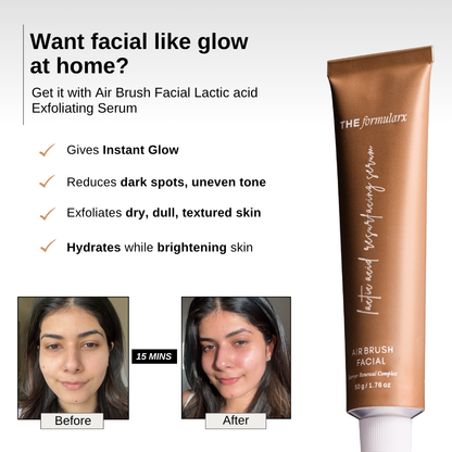 The Formularx Air Brush Facial Lactic acid Exfoliating Serum reduces dark spots, gives glow, gently exfoliate, hydrate, & brighten skin 