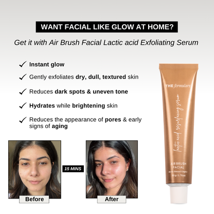 The Formularx Air Brush Facial Lactic acid Exfoliating Serum with ceramides For instant glow, gentle exfoliation, dark spots reduction, skin brightening and skin hydration