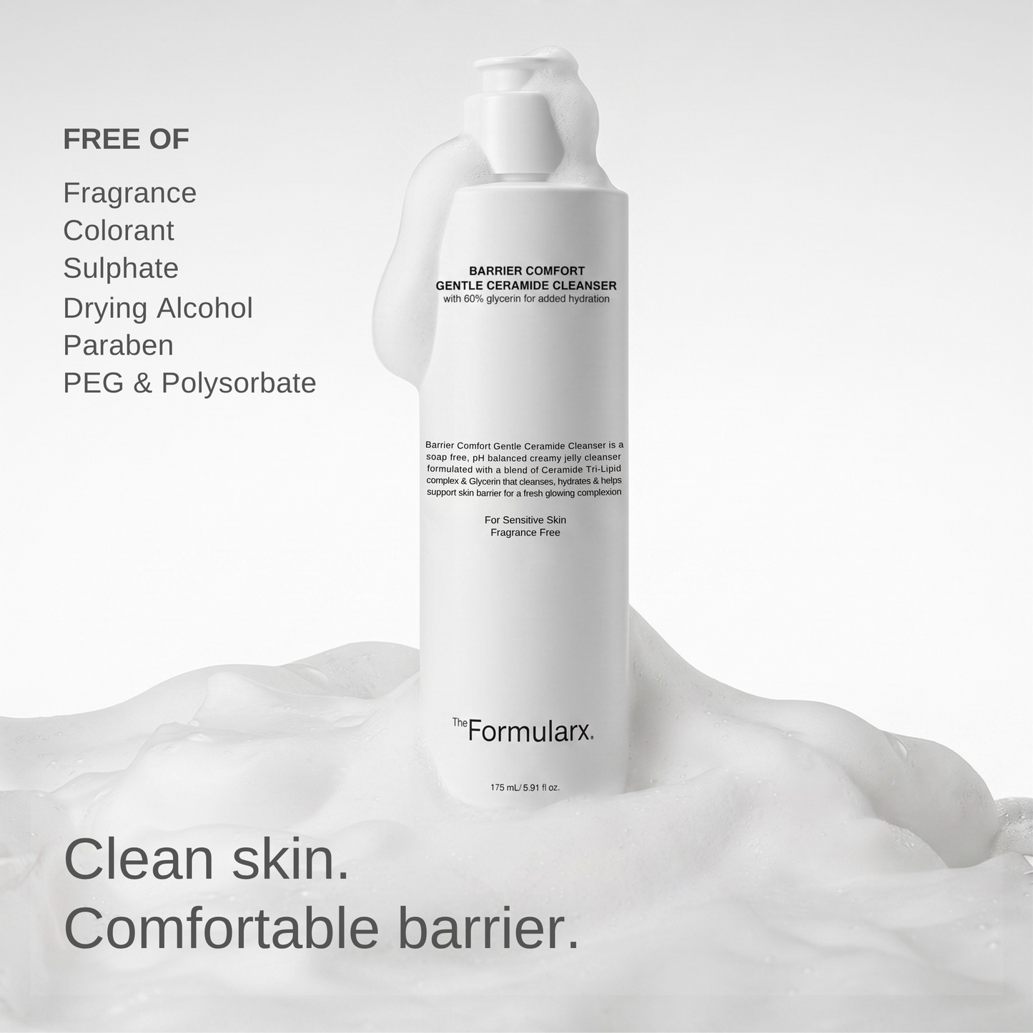 The Formularx Barrier Comfort Gentle Ceramide Cleanser free from skin irritants