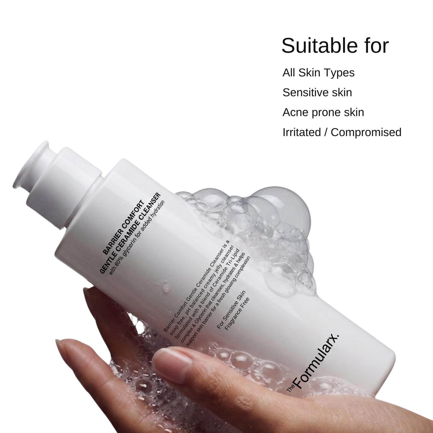 The Formularx Barrier Comfort Gentle Ceramide Cleanser suitable for sensitive, oily, acne prone, dry, combination skin