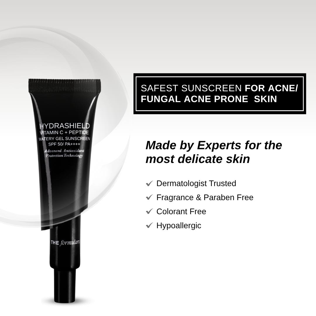 The Formularx Hydrashield Vitamin C + Peptide Watery Gel Sunscreen SPF50 PA++++ for oily, acne and fungal acne prone, sensitive skin