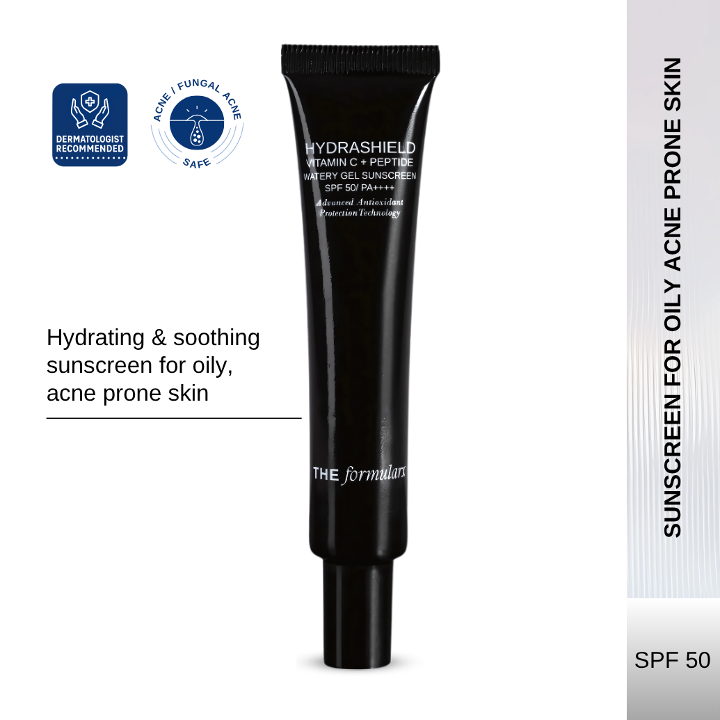 The Formularx Hydrashield Vitamin C + Peptide Watery Gel Sunscreen SPF50 PA++++ for oily acne and fungal acne prone skin