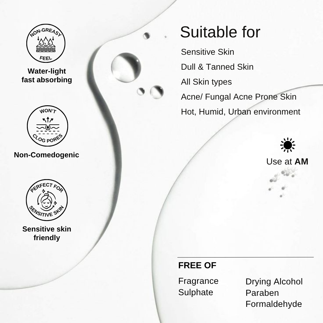 The Formularx Hydrashield Vitamin C + Peptide Watery Gel Sunscreen SPF50 PA++++ non-sticky, lightweight, non-comedogenic, acne safe.