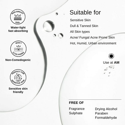 The Formularx Hydrashield Vitamin C + Peptide Watery Gel Sunscreen SPF50 PA++++ non-sticky, lightweight, non-comedogenic, acne safe.