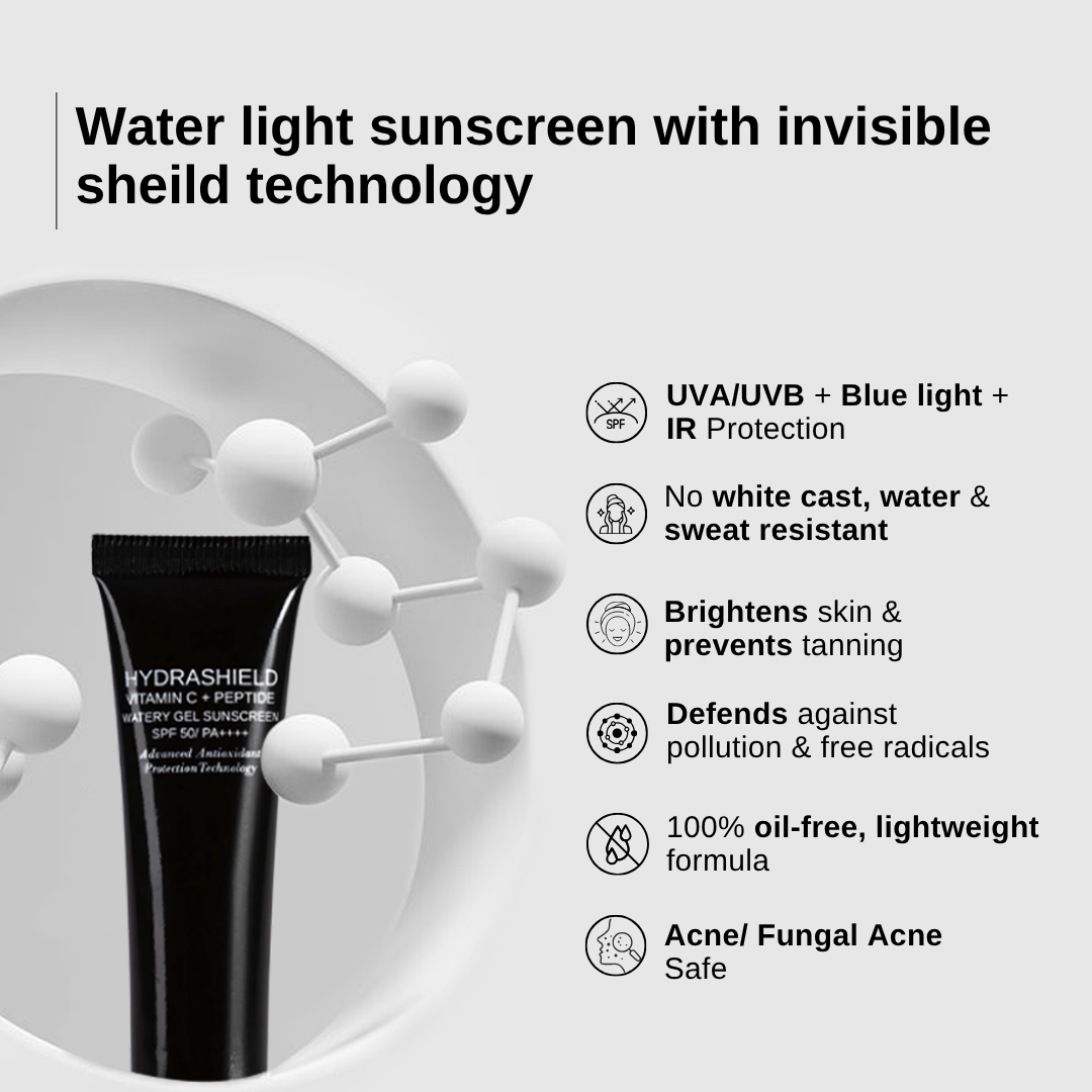 The Formularx Hydrashield Vitamin C + Peptide Watery Gel Sunscreen SPF50 PA++++ protects from UV Sun damage, hydrates, and brightens