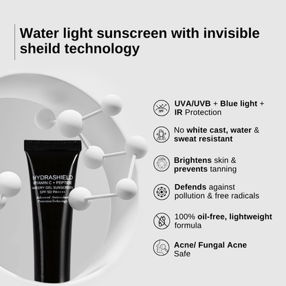 The Formularx Hydrashield Vitamin C + Peptide Watery Gel Sunscreen SPF50 PA++++ protects from UV Sun damage, hydrates, and brightens