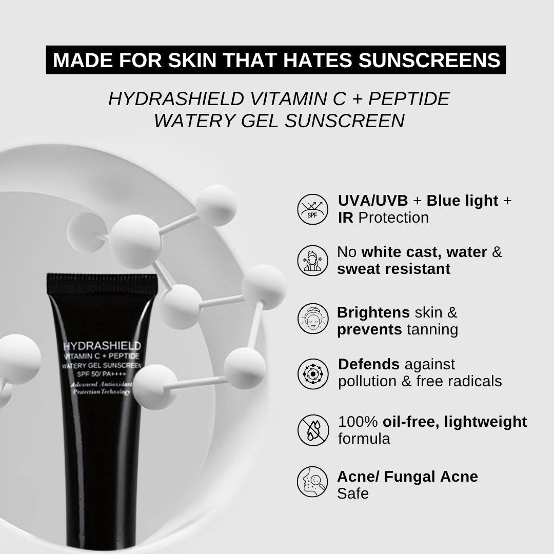 The Formularx Hydrashield Vitamin C + Peptide Watery Gel Sunscreen SPF50 PA++++ with UV protection and skin brightening