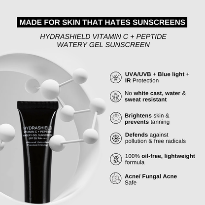 The Formularx Hydrashield Vitamin C + Peptide Watery Gel Sunscreen SPF50 PA++++ with UV protection and skin brightening