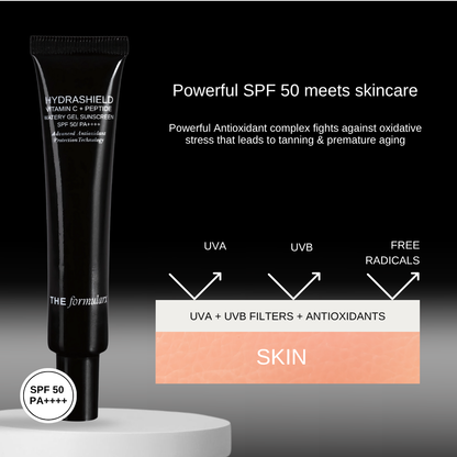 The Formularx Hydrashield Vitamin C + Peptide Watery Gel Sunscreen SPF50 PA++++ with antioxidant protection