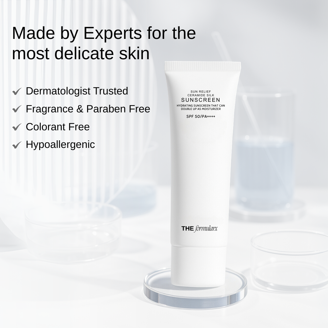 The Formularx Sun Relief Ceramide Silk Sunscreen SPF50 PA++++ made by scientists and trusted by dermatologists for sensitive skin