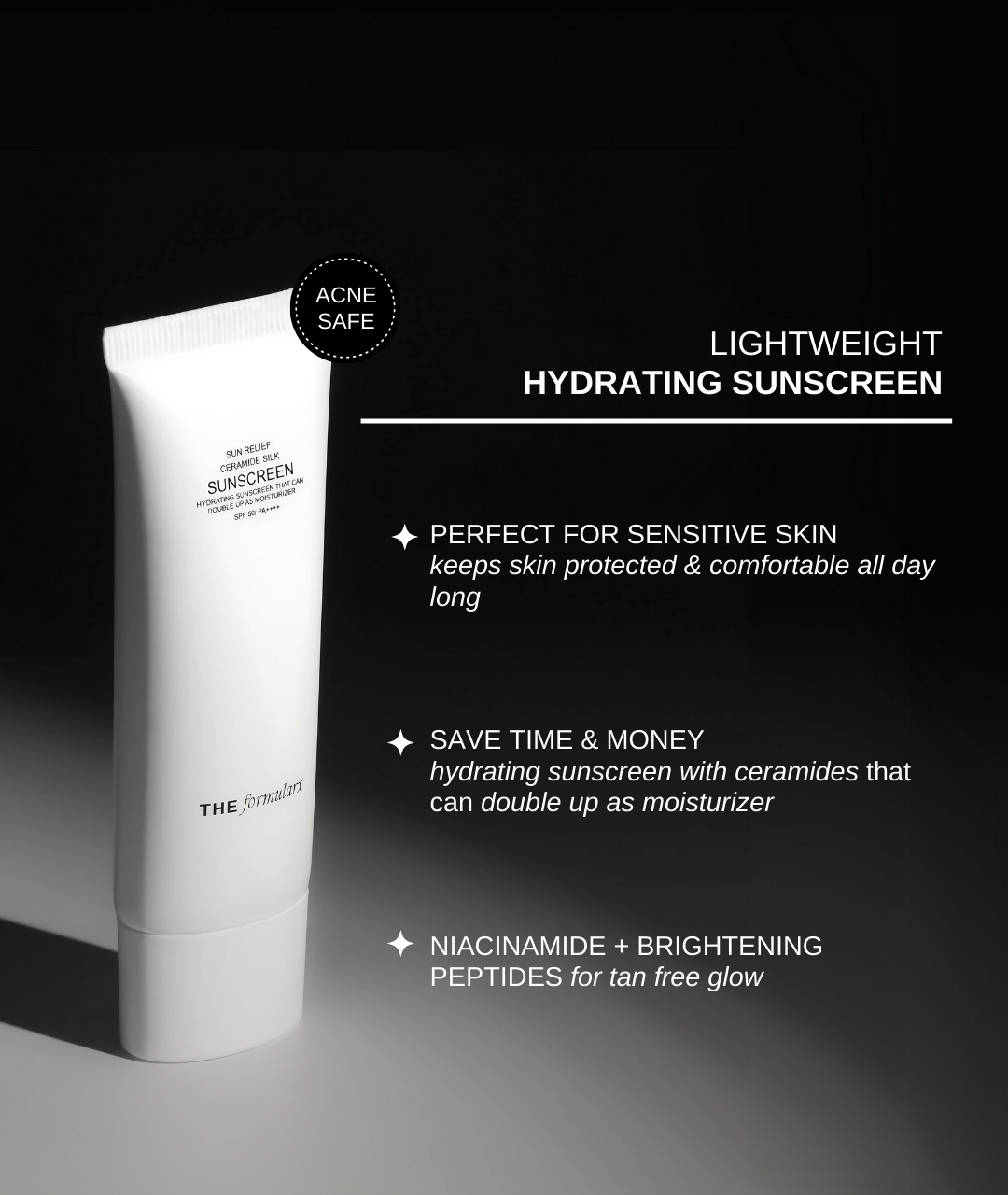 The Formularx Sun Relief Ceramide Silk Sunscreen SPF50 PA++++ more benefits