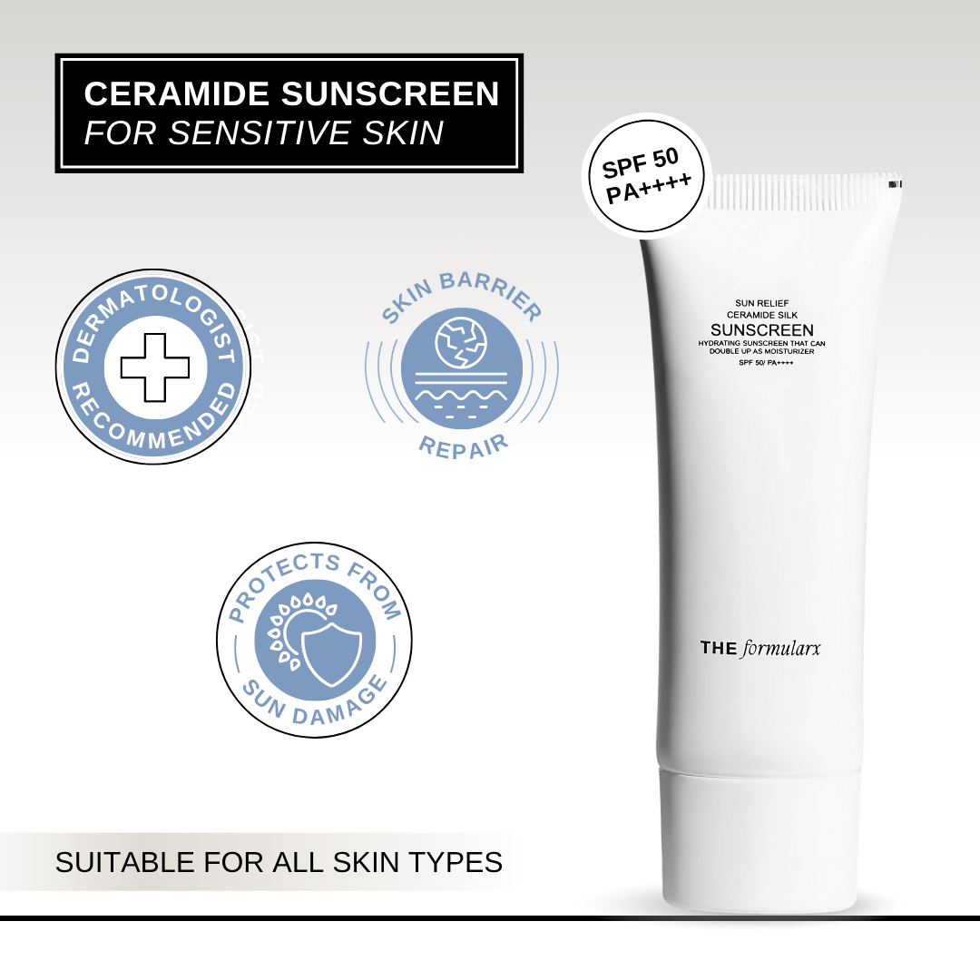 The Formularx Sun Relief Ceramide Silk moisturizing Sunscreen SPF 50 / PA ++++ with skin barrier repair
