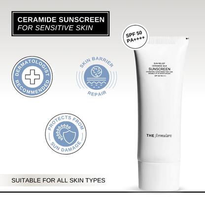 The Formularx Sun Relief Ceramide Silk moisturizing Sunscreen SPF 50 / PA ++++ with skin barrier repair