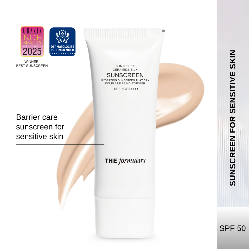The Formularx Sun Relief Ceramide Silk Sunscreen SPF50 PA++++ barrier care for sensitive skin