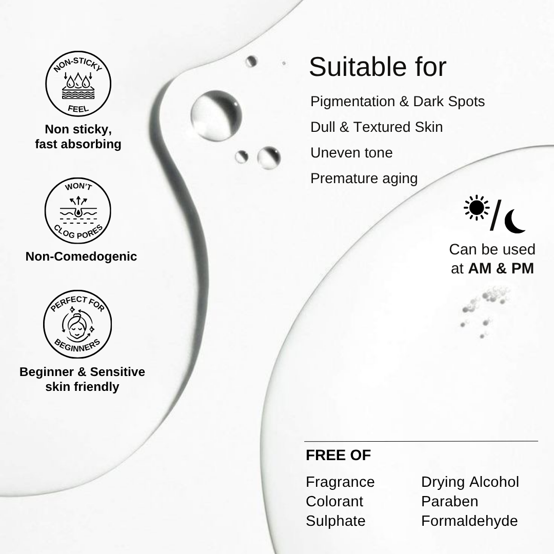 The Formularx Vitamin C Brightening Serum with Arbutin & N-acetyl glucosamine. Non-sticky, non-comedogenic, beginner sensitive skin friendly. 