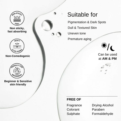 The Formularx Vitamin C Brightening Serum with Arbutin & N-acetyl glucosamine. Non-sticky, non-comedogenic, beginner sensitive skin friendly. 